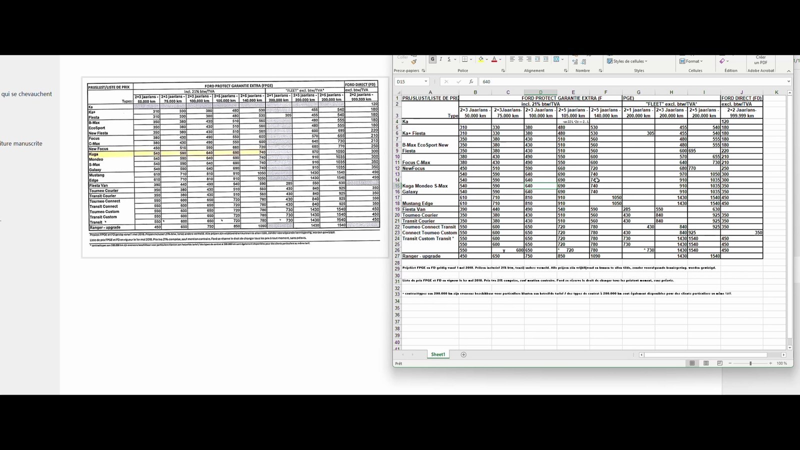 Tableau numérisé à gauche et résultat de reconnaissance ouvert dans Excel à droite.
