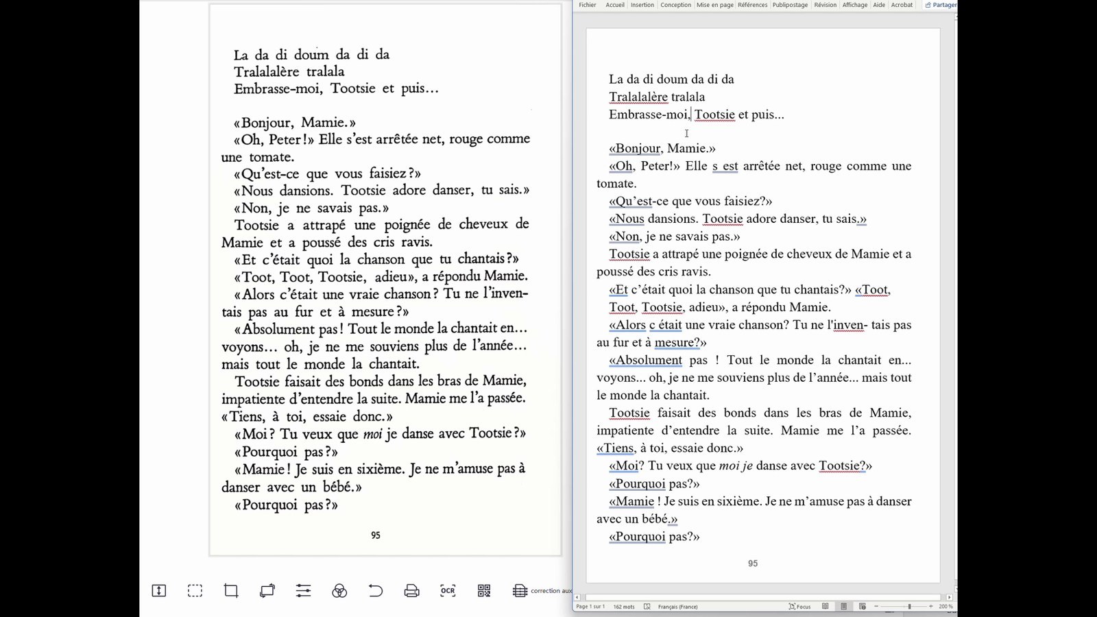 Page numérisée à gauche et texte reconnu ouvert dans Word à droite.