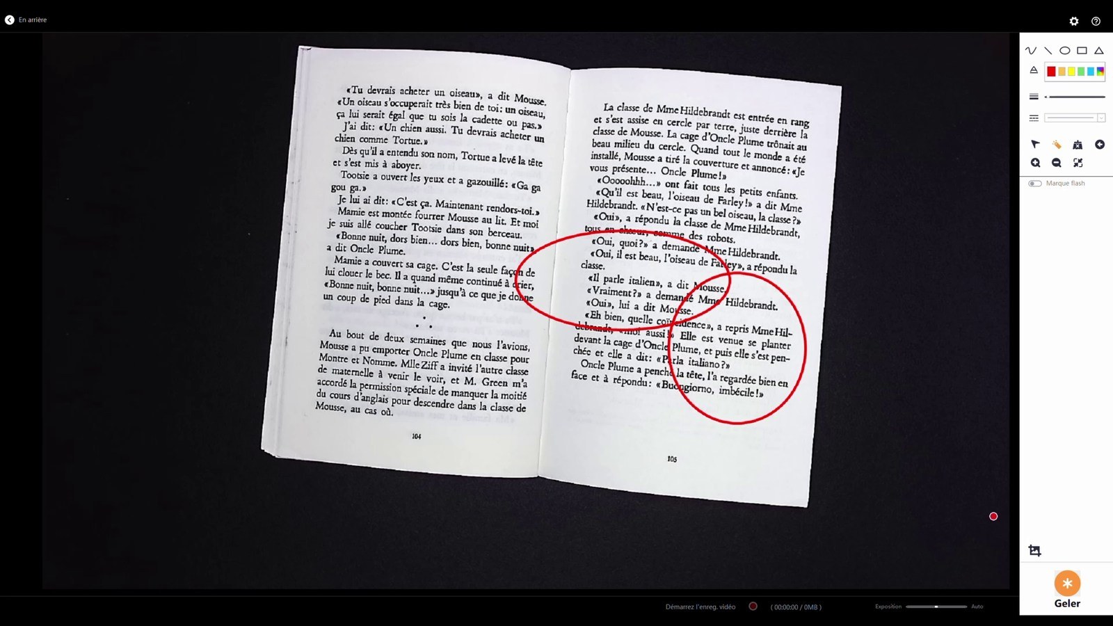 Livre affiché dans le mode visualisateur CZUR avec des annotations rouges sur les pages.