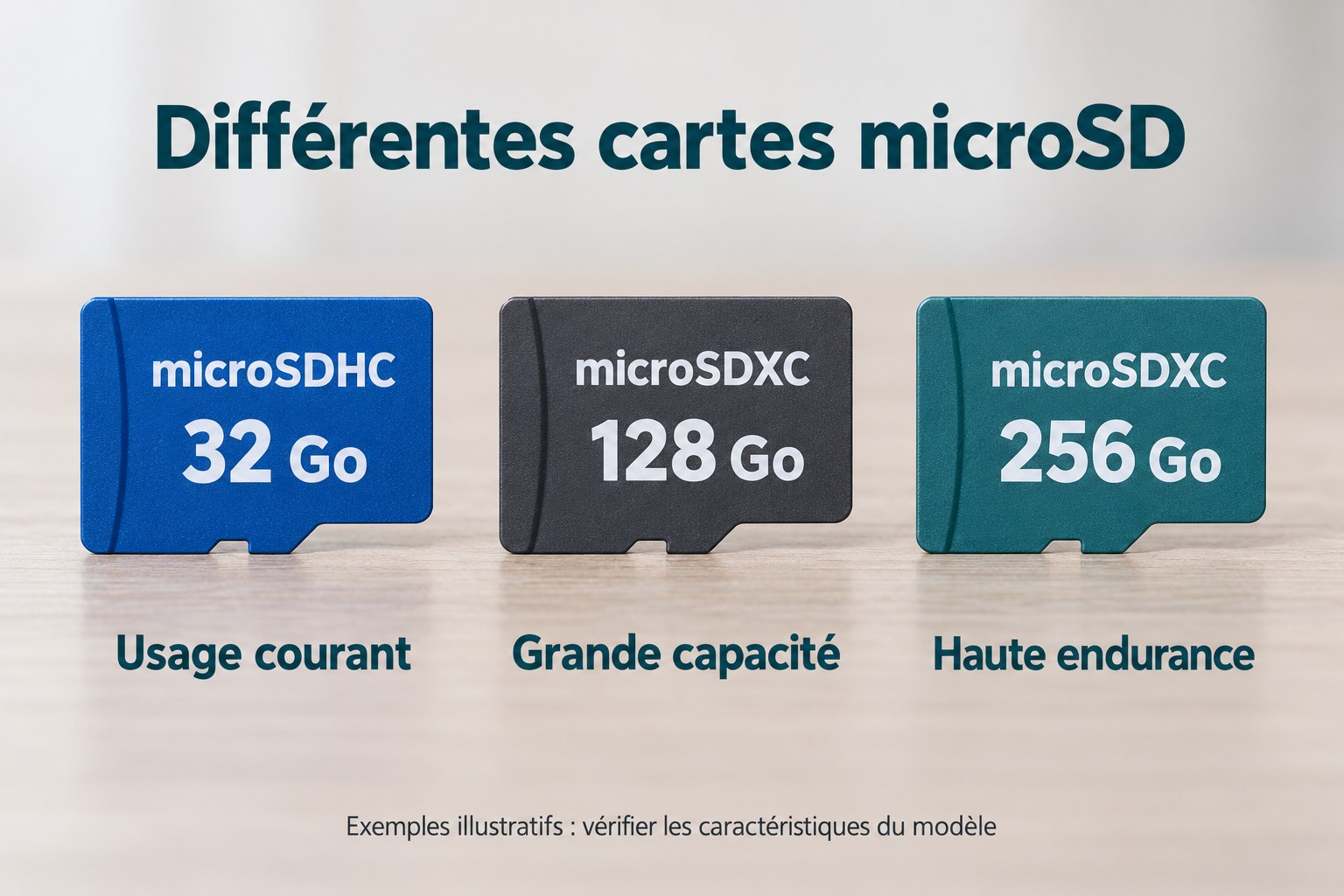 Comparaison illustrative de cartes microSDHC et microSDXC de 32, 128 et 256 Go