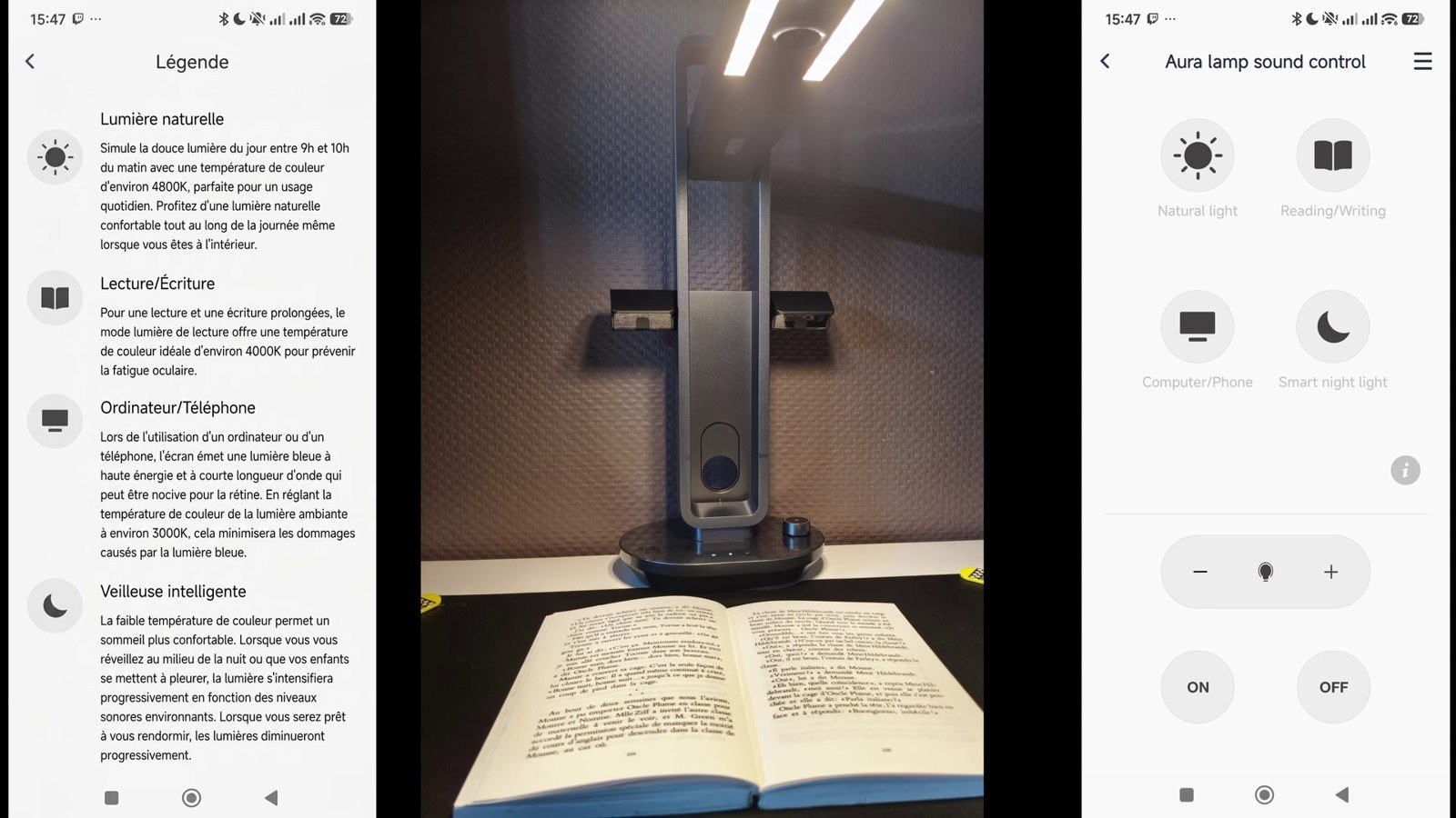 CZUR Aura Pro utilisé comme lampe de bureau, avec les modes de l’application affichés à côté.