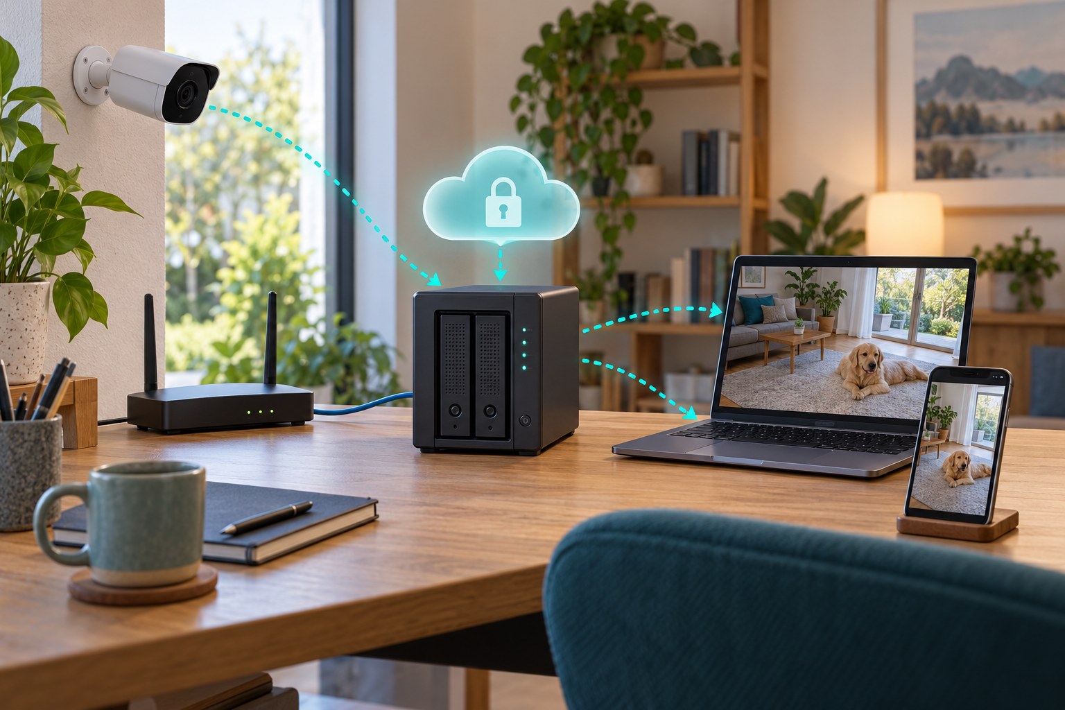 Cloud personnel hébergé sur un NAS à domicile, relié à une caméra, un routeur, un ordinateur et un téléphone