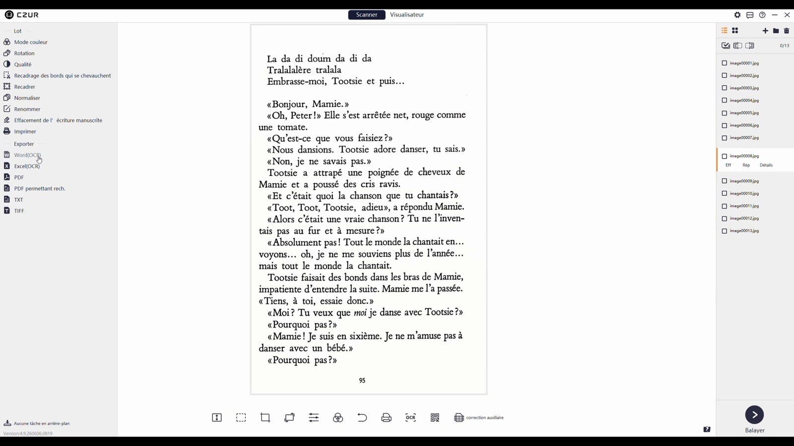 Scan réussi de la page 95 du livre de lecture dans le logiciel CZUR, avec texte lisible et marges blanches.